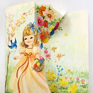 Easter Card Tri Fold Italian 1974 Girl Basket of Eggs Blue Bird Joyeuses Paques